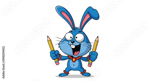 Cute cartoon blue rabbit character holding two yellow pencils and smiling happily for school and creativity concept.