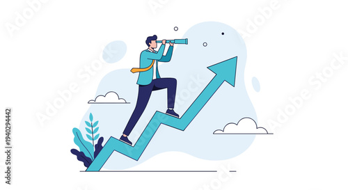Businessman standing on a rising blue arrow using a telescope to scout ahead, representing professional business vision and strategic future planning.