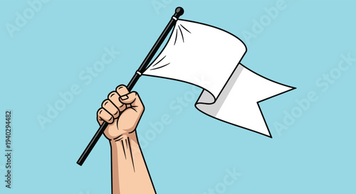 Strong human fist holding a white flag on a pole against a light blue background, symbolizing peace, truce, or surrender in a stylized illustration.