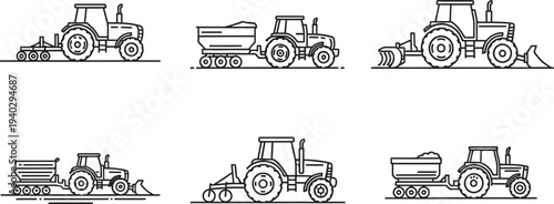 Diverse set of agricultural tractors and farming machinery illustrated in a clean outline vector style suitable for industrial applications and digital design elements