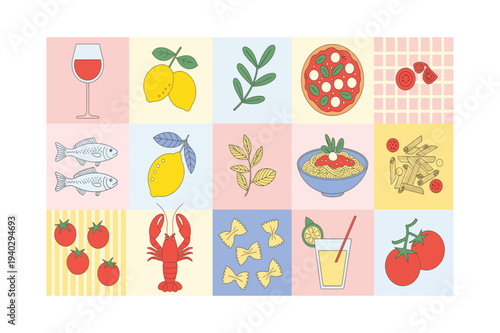 Mediterranean Food Grid Illustration Set with Pizza, Pasta, Wine, Lemon, Tomato, Fish, Seafood and Italian Cuisine Ingredients Vector Illustration