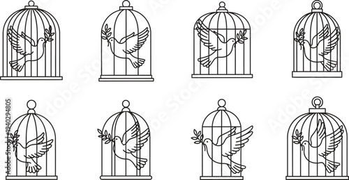 Collection of minimalist line art vector illustrations featuring doves in bird cages some flying free with olive branches symbolizing peace freedom and liberation for various design projects