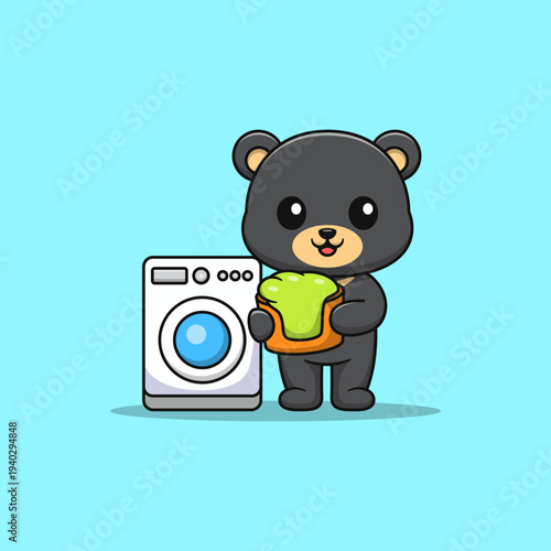 Cartoon black bear washing clothes