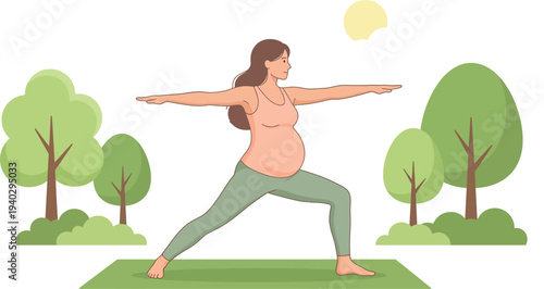 Pregnant Woman Practicing Yoga in Warrior Pose Vector | Prenatal Exercise Outdoors in Nature