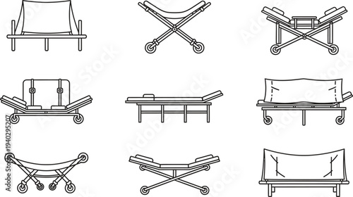 Collection of medical stretchers and gurneys minimalist line art vector illustrations for healthcare and emergency services design isolated on white background