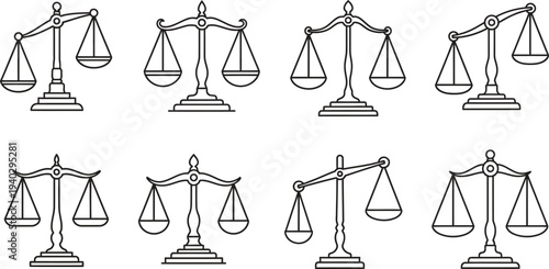 Collection of weighing scales icons featuring various balanced and unbalanced designs in a clean line art vector style perfect for legal justice and measurement concepts