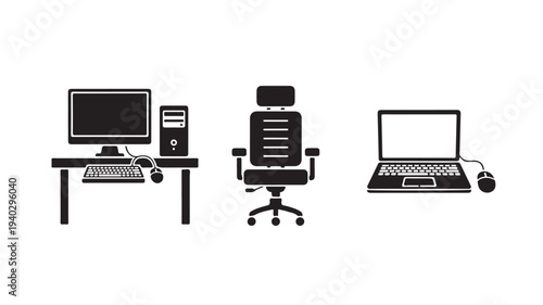 Computer workstation with office chair and laptop in modern minimalist style with simple black silhouettes for technology illustration