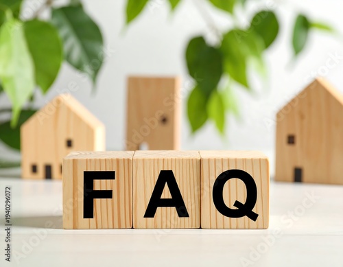 FAQ Wooden Blocks with Miniature Houses and Greenery.