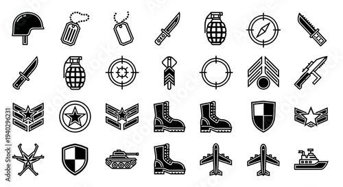 Army and Tactical Gear Solid Icons Collection, featuring military equipment, navigation, and defense on an isolated white background.