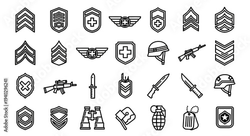 Military Ranks and Weaponry Outline Icons, symbolizing army hierarchy, protection, and combat tools on an isolated white background.
