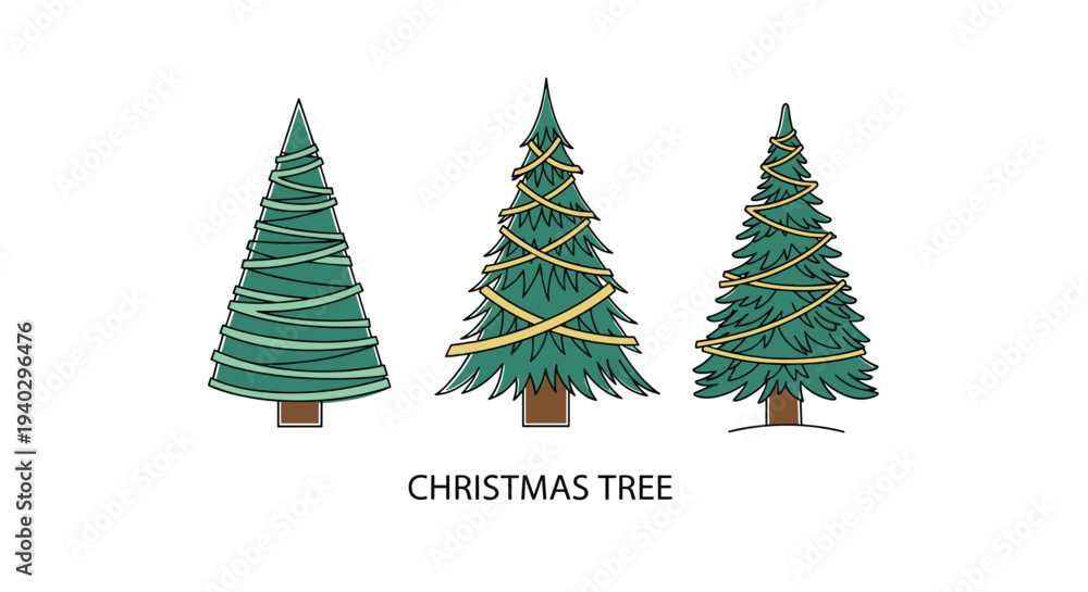 Obraz premium Set of three different stylized green Christmas trees with golden ribbons and the text Merry Christmas written below.