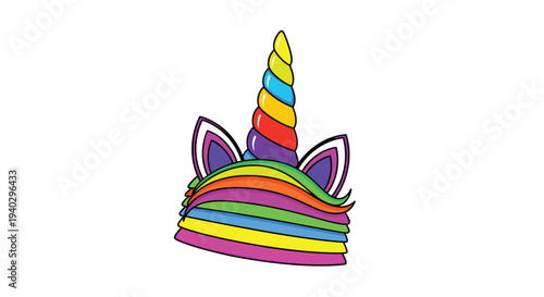 Vibrant rainbow colored unicorn horn headband with ears and colorful hair mane mane accessory on a plain white background.