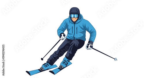 Dynamic illustration of a person skiing downhill wearing a bright blue jacket, black pants, and professional winter gear.