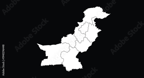 White silhouette map of Pakistan with internal regional borders displayed clearly against a solid black background.