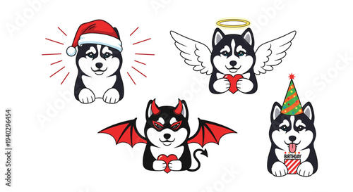 Set of four cute Siberian husky puppies dressed in Christmas, angel, devil, and festive birthday party celebration costumes.