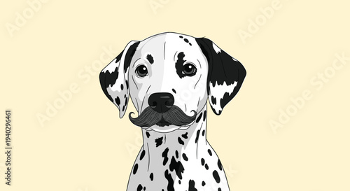 Stylish dalmatian dog wearing a large black handlebar mustache on a light yellow background for a funny and unique look.