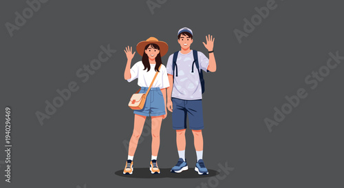 Young happy man and woman traveling together waving and wearing backpacks and casual summer vacation clothes.