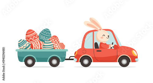 Cute Easter bunny driving a bright red car and pulling a trailer full of colorful decorated Easter eggs in a fun scene.