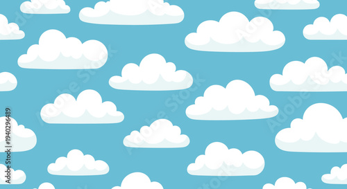 Cheerful seamless pattern of fluffy white clouds of various shapes and sizes on a clear blue sky background.