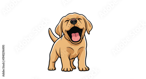 Joyful golden retriever puppy standing and laughing with its mouth wide open and tongue sticking out in a happy pose.