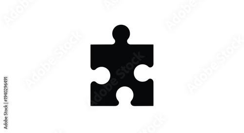 Single black silhouette of a jigsaw puzzle piece isolated on a clean white background representing a simple solution.