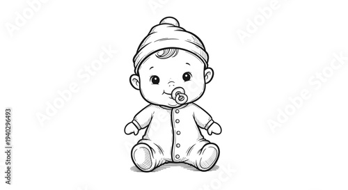 Sweet black and white pencil sketch of a baby wearing a warm winter onesie and hat with a pacifier in its mouth.