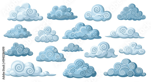 Set of various blue stylized clouds with swirling intricate patterns on a plain white background for graphic design.