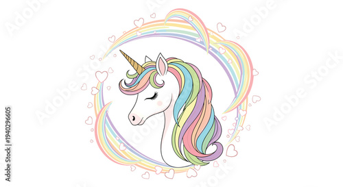 Beautiful white unicorn with a pastel mane surrounded by rainbows and floating hearts in a magical and dreamy fantasy setting.