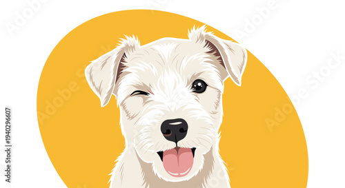 Charming terrier puppy winking and sticking its tongue out playfully against a warm yellow circular background for a cheerful design.