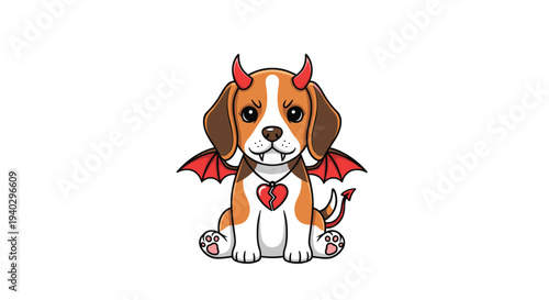 Mischievous beagle puppy character dressed as a little devil with horns, bat wings, and a broken heart necklace on a white background.