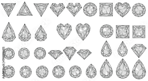 Collection of diamond and gemstone shapes from multiple angles with realistic facets and gray shading for luxury jewelry design.