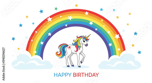 Majestic white unicorn standing under a vibrant rainbow arch surrounded by stars and clouds for a happy birthday celebration theme.