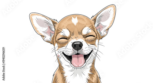 Extremely happy chihuahua dog laughing with its tongue out and eyes closed against a bright white background for a cheerful pet portrait.