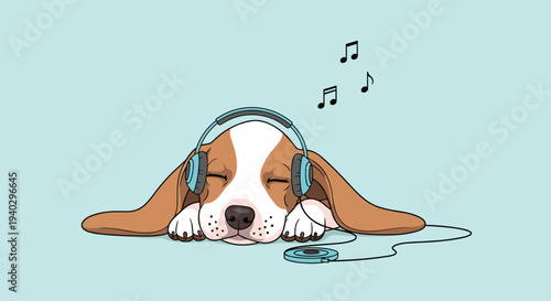 Contented puppy with long ears lying down and listening to music through blue headphones with musical notes floating on a teal backdrop.