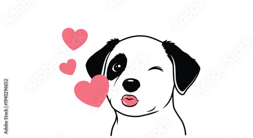 Cute black and white puppy winking and blowing pink heart-shaped kisses as a sweet romantic gesture on a plain white background.