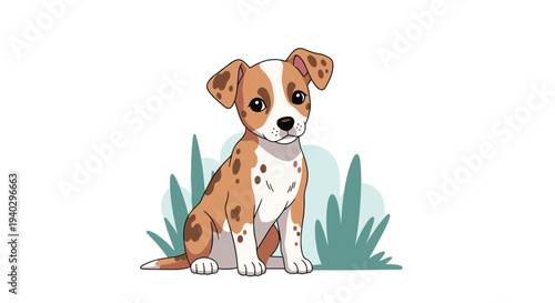 Adorable brown and white spotted puppy sitting calmly with a gentle and curious expression in a simple outdoor grassy setting on white.