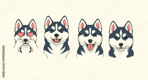 Collection of four husky dog heads showing different cute emotions including heart eyes, big smiles, and a calm expression for variety.