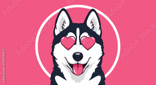 Close-up of a husky dog head with pink heart-shaped eyes and a happy tongue-out expression in a bold circular frame for a love theme.