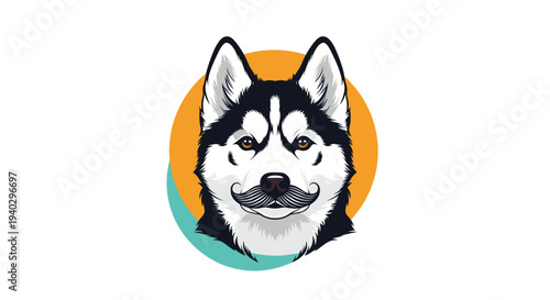 Distinguished siberian husky dog face featuring a classic mustache is framed by colorful circles on a clean white background.