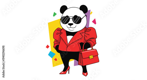 Stylish cartoon panda wearing a red jacket, sunglasses, and high heels is carrying a fashionable red handbag against a colorful background.