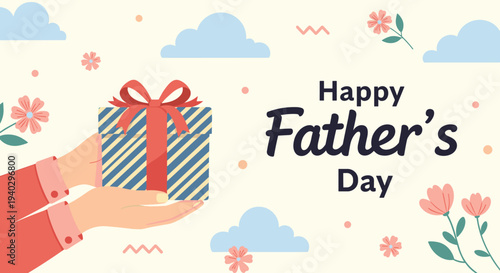 Pair of hands is carefully holding a blue striped gift box with a red ribbon for a happy father day celebration.