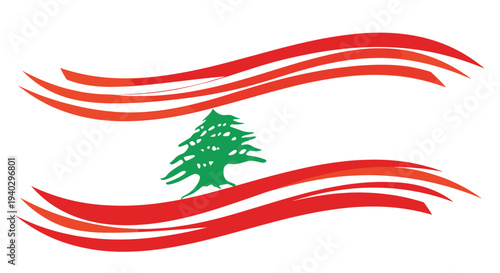 Stylized flag of lebanon features three horizontal wavy stripes in red and white with a green cedar tree at the center.