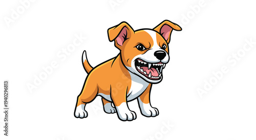 Small brown and white puppy with an angry face is aggressively showing its teeth and growling at the camera.