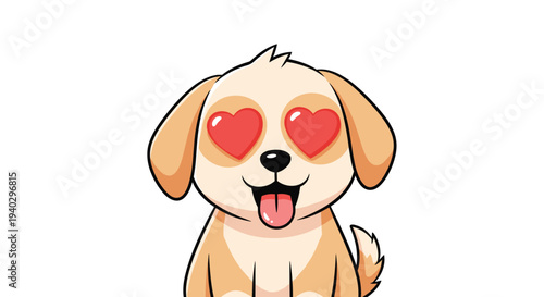 Cute little cartoon puppy with red heart eyes and tongue out expressing love and affection on a clean white background for greeting cards.