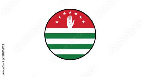 Round emblem featuring the national flag of Abkhazia with its distinctive green and white stripes and red section with hand and stars.