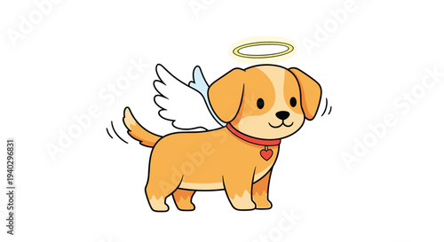 Adorable cartoon puppy dog with white angel wings and a golden halo floating over its head illustrating a sweet and innocent character.