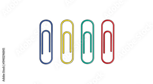 Four colorful metal paperclips in blue yellow green and red colors aligned vertically on a white background for office and school stationery.