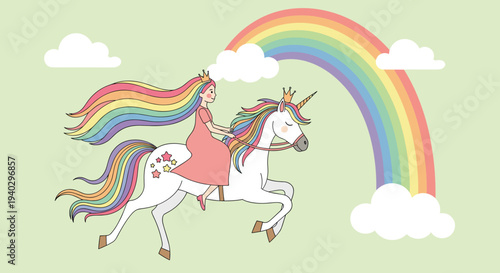 Beautiful princess with long rainbow hair riding a magical white unicorn under a colorful rainbow and fluffy clouds on a light green base.