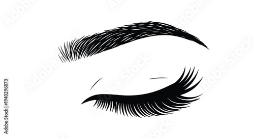 Elegant black and white illustration of a closed female eye with long thick eyelashes and a perfectly shaped thick eyebrow above it.