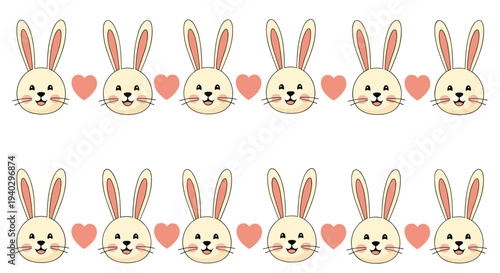 Cute seamless pattern featuring rows of happy bunny faces with pink ears and small red hearts between them on a plain white background.